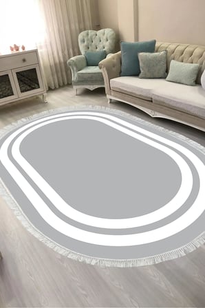 Dijital Baskılı Oval Salon Halısı | Kaymaz Yıkanabilir | Keçe Taban Saçaklı | Geometrik | 1696