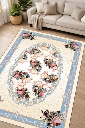 Dijital Baskılı Dikdörtgen Salon Halısı | Kaymaz Yıkanabilir | Deri Taban | Klasik | 9171M