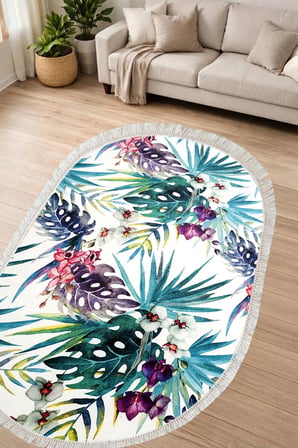 Dijital Baskılı Oval Salon Halısı | Kaymaz Yıkanabilir | Deri Taban Saçaklı | Çiçekli | S5048