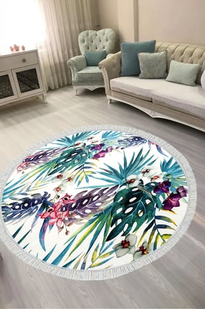 Dijital Baskılı Yuvarlak Salon Halısı | Kaymaz Yıkanabilir | Keçe Taban Saçaklı | Çiçekli | S5048