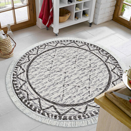 Dekoreko Kaymaz Taban Djt Mutfak Halısı Trend Saçaklı Yuvarlak İskandinav F5081