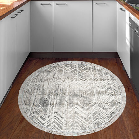 Dekoreko Kaymaz Taban Djt Mutfak Halısı Yıldız Deri Saçaklı Yuvarlak İskandinav F5083