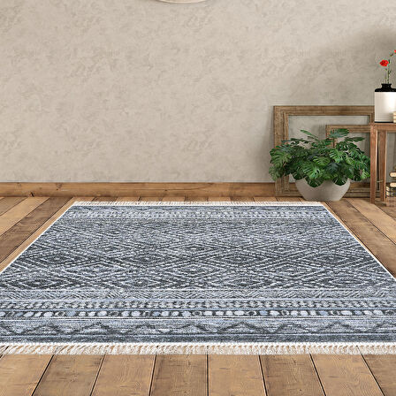 Dekoreko Kaymaz Taban Djt Salon Halısı Yıldız Deri Saçaklı İskandinav F5087