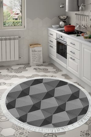 Kaymaz Dijital Mutfak & Salon Halı Trend Saçaklı Yuvarlak Geometrik E5010