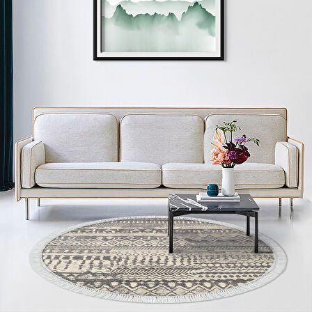 Dekoreko Kaymaz Taban Djt Salon Halısı Star Pamuk Saçaklı Yuvarlak İskandinav F5080