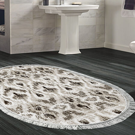 Dekoreko Kaymaz Taban Djt Banyo Halısı Trend Saçaklı Oval İskandinav F5136