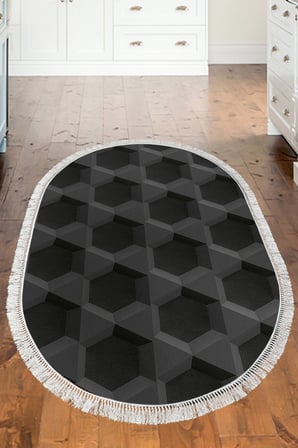 Kaymaz Dijital Mutfak & Salon Halı Star Pamuk Saçaklı Oval Geometrik E5016
