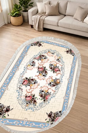 Dijital Baskılı Oval Salon Halısı | Kaymaz Yıkanabilir | Deri Taban Saçaklı | Klasik | 9171M