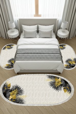 Kaymaz Yıkanabilir Dijital Baskılı 3'lü Klozet Takımı | Oval | Keçe Taban Saçaklı | Çiçekli | F5125