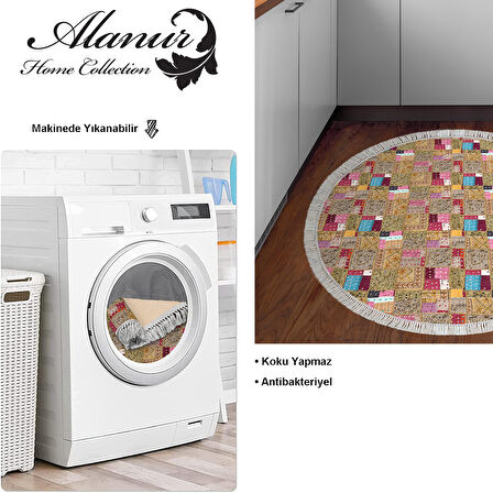 Dekoreko Kaymaz Taban Djt Mutfak Halısı Yıldız Deri Saçaklı Yuvarlak Modern 2155M