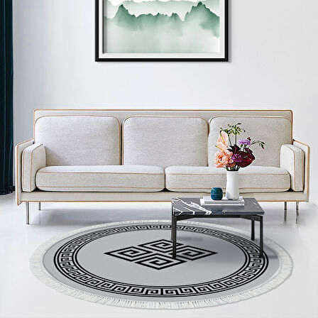 Dekoreko Kaymaz Taban Djt Salon Halısı Yıldız Deri Saçaklı Yuvarlak Modern 656M