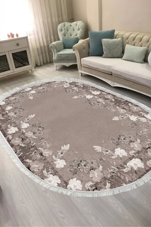 Dijital Baskılı Oval Salon Halısı | Kaymaz Yıkanabilir | Keçe Taban Saçaklı | Çiçekli | P1388