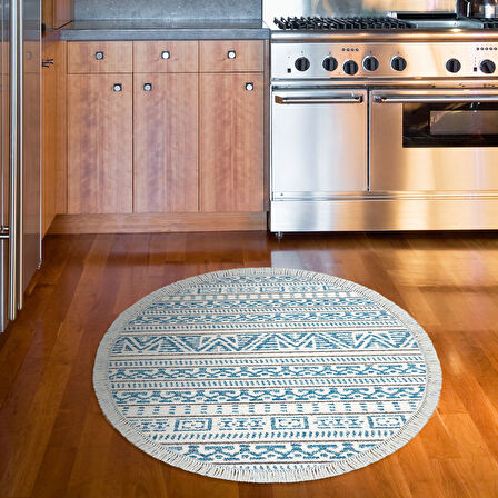 Dekoreko Kaymaz Taban Djt Mutfak Halısı Star Pamuk Saçaklı Yuvarlak İskandinav F5082