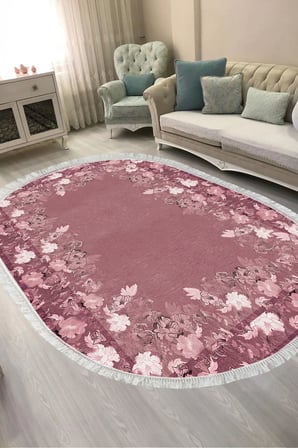 Dijital Baskılı Oval Salon Halısı | Kaymaz Yıkanabilir | Keçe Taban Saçaklı | Çiçekli | P1388