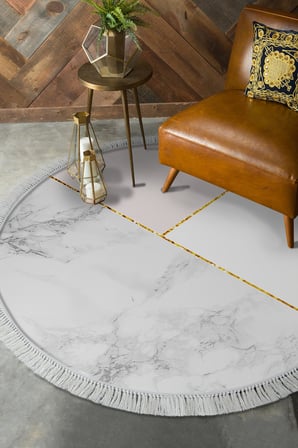 Kaymaz Dijital Mutfak & Salon Halı Trend Saçaklı Yuvarlak Geometrik E5008