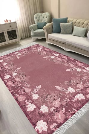 Dijital Baskılı Dikdörtgen Salon Halısı | Kaymaz Yıkanabilir | Keçe Taban Saçaklı | Çiçekli | P1388