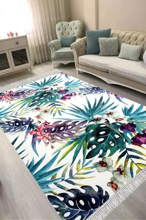 Dijital Baskılı Dikdörtgen Salon Halısı | Kaymaz Yıkanabilir | Keçe Taban Saçaklı | Çiçekli | S5048