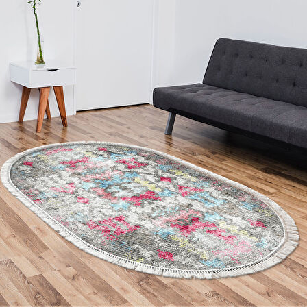 Dekoreko Kaymaz Taban Djt Salon Halısı Star Pamuk Saçaklı Oval Modern F5138