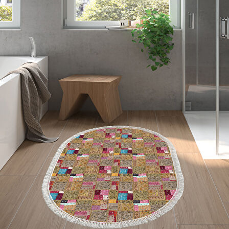 Dekoreko Kaymaz Taban Djt Banyo Halısı Trend Saçaklı Oval Modern 2155M