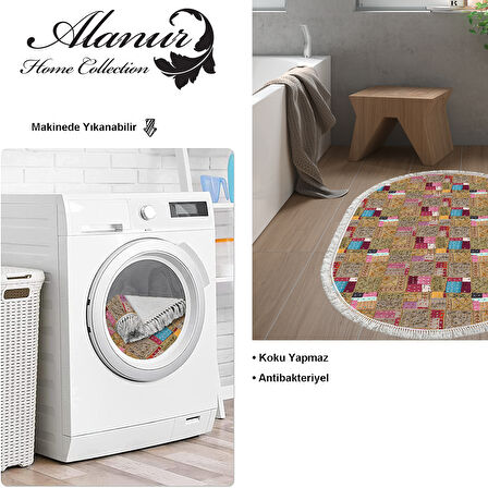 Dekoreko Kaymaz Taban Djt Banyo Halısı Trend Saçaklı Oval Modern 2155M