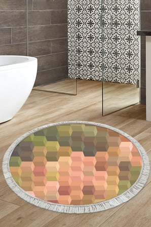Kaymaz Dijital Mutfak & Salon Halı Trend Saçaklı Yuvarlak Geometrik E5014
