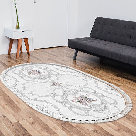 Dekoreko Kaymaz Taban Djt Salon Halısı Trend Saçaklı Oval Modern 1494