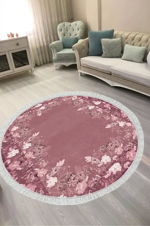 Dijital Baskılı Yuvarlak Salon Halısı | Kaymaz Yıkanabilir | Keçe Taban Saçaklı | Çiçekli | P1388