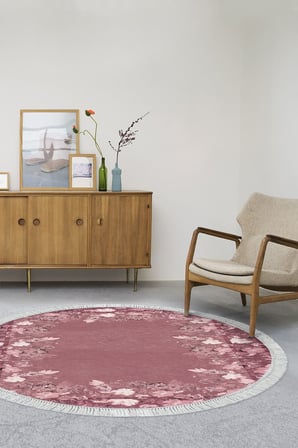 Dijital Baskılı Yuvarlak Salon Halısı | Kaymaz Yıkanabilir | Keçe Taban Saçaklı | Çiçekli | P1388