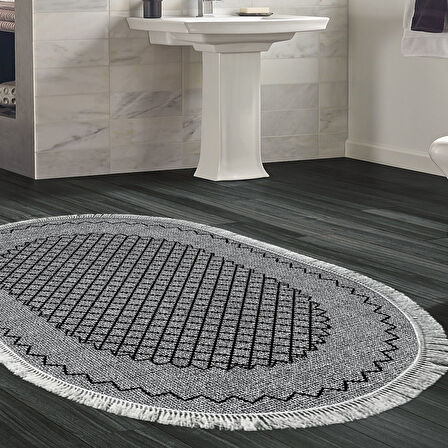 Dekoreko Kaymaz Taban Djt Banyo Halısı Trend Saçaklı Oval Modern M5001