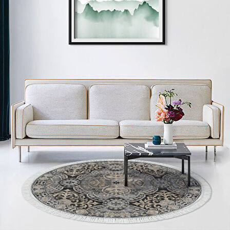 Dekoreko Kaymaz Taban Djt Salon Halısı Yıldız Deri Saçaklı Yuvarlak Modern 659M