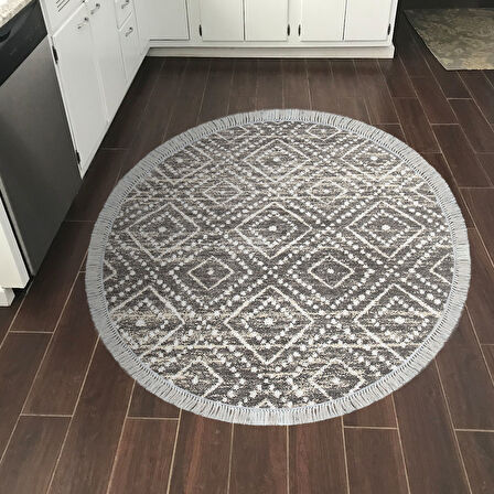 Dekoreko Kaymaz Taban Djt Mutfak Halısı Yıldız Deri Saçaklı Yuvarlak İskandinav F5087