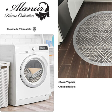 Dekoreko Kaymaz Taban Djt Mutfak Halısı Yıldız Deri Saçaklı Yuvarlak İskandinav F5087