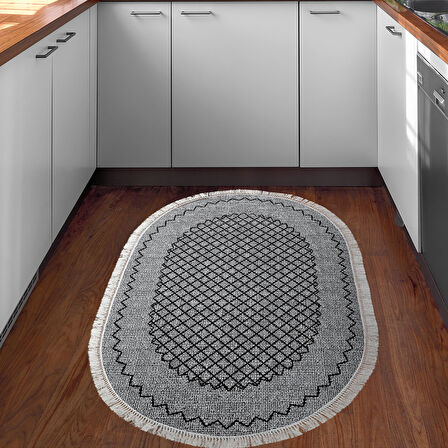 Dekoreko Kaymaz Taban Djt Mutfak Halısı Trend Saçaklı Oval Modern M5001