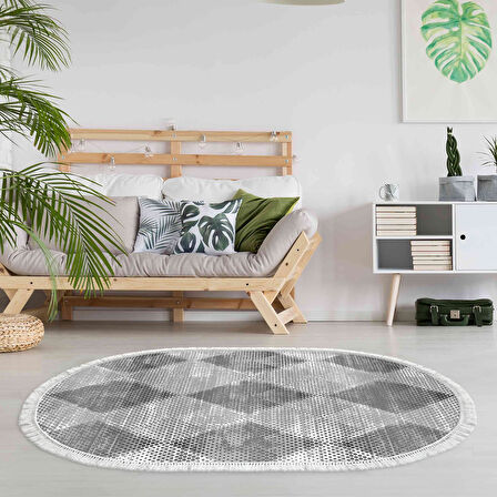 Dekoreko Kaymaz Taban Djt Salon Halısı Yıldız Deri Saçaklı Oval İskandinav F5131