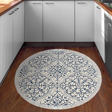 Dekoreko Kaymaz Taban Djt Mutfak Halısı Star Pamuk Saçaklı Yuvarlak Modern 1906M