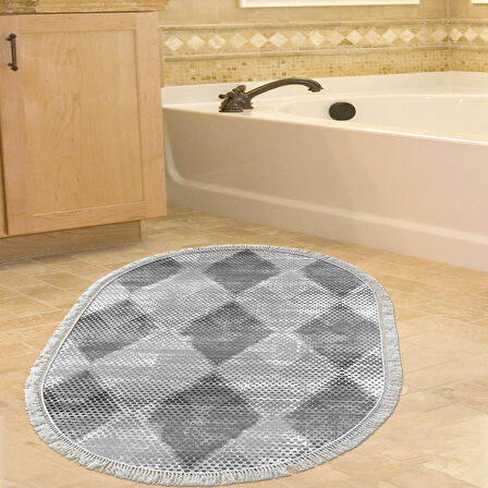 Dekoreko Kaymaz Taban Djt Banyo Halısı Star Pamuk Saçaklı Oval İskandinav F5131