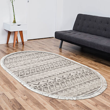 Dekoreko Kaymaz Taban Djt Salon Halısı Star Pamuk Saçaklı Oval İskandinav F5078