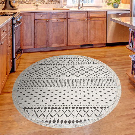 Dekoreko Kaymaz Taban Djt Mutfak Halısı Trend Saçaklı Yuvarlak İskandinav F5086