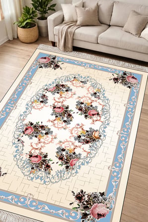 Dijital Baskılı Dikdörtgen Salon Halısı | Kaymaz Yıkanabilir | Deri Taban Saçaklı | Klasik | 9171M