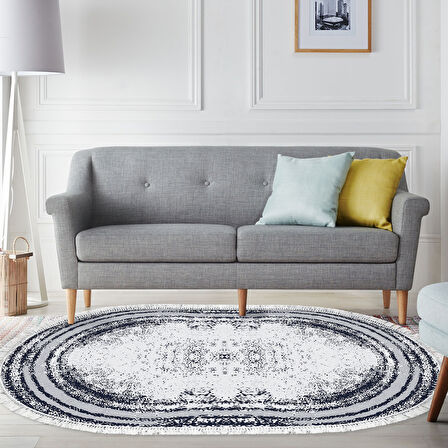 Dekoreko Kaymaz Taban Djt Salon Halısı Star Pamuk Saçaklı Oval Modern M5132