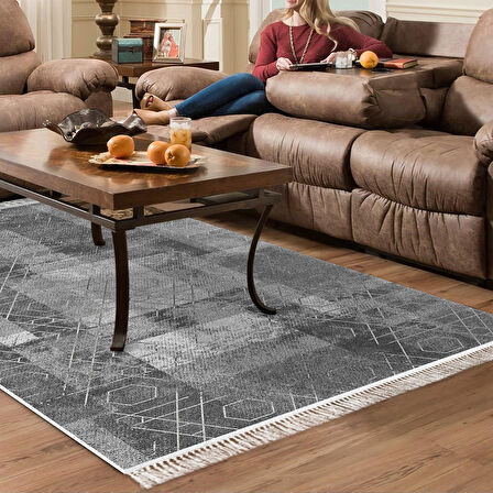 Dekoreko Kaymaz Taban Djt Salon Halısı Yıldız Deri Saçaklı İskandinav F5132