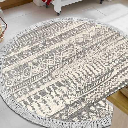 Dekoreko Kaymaz Taban Djt Mutfak Halısı Star Pamuk Saçaklı Yuvarlak İskandinav F5080