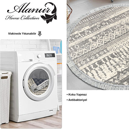 Dekoreko Kaymaz Taban Djt Mutfak Halısı Star Pamuk Saçaklı Yuvarlak İskandinav F5080