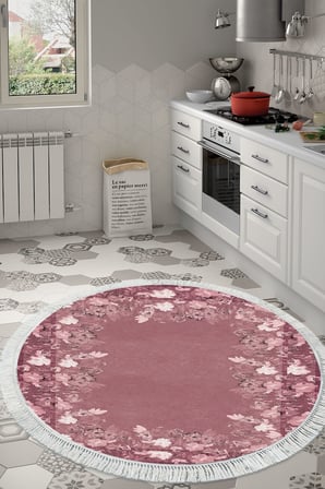 Dijital Baskılı Yuvarlak Salon Halısı | Kaymaz Yıkanabilir | Keçe Taban Saçaklı | Çiçekli | P1388