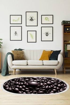 Kaymaz Dijital Mutfak & Salon Halı Trend Saçaklı Oval Geometrik E5009