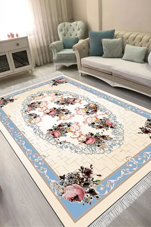 Dijital Baskılı Dikdörtgen Salon Halısı | Kaymaz Yıkanabilir | Keçe Taban Saçaklı | Klasik | 9171M