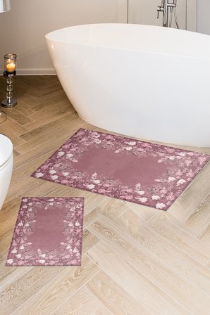 Kaymaz Yıkanabilir Dijital Baskılı 2'li Klozet Takımı | Dikdörtgen | Keçe Taban | Çiçekli | P1388