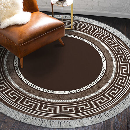 Dekoreko Kaymaz Taban Djt Salon Halısı Yıldız Deri Saçaklı Yuvarlak Modern 651M