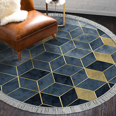 Dekoreko Kaymaz Taban Djt Salon Halısı Yıldız Deri Saçaklı Yuvarlak İskandinav 2146M