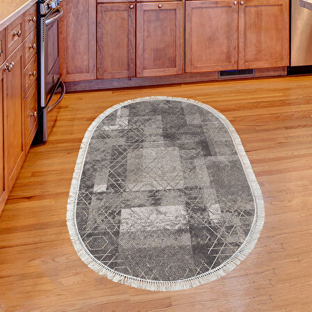 Dekoreko Kaymaz Taban Djt Mutfak Halısı Yıldız Deri Saçaklı Oval İskandinav F5132